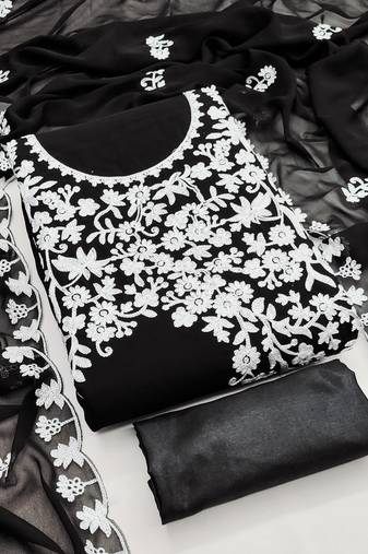 Women's black embroidery georgette dress material