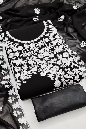 Women's black embroidery georgette dress material