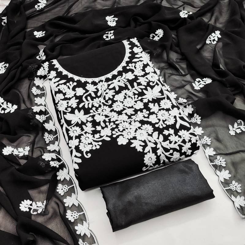 Women's black embroidery georgette dress material