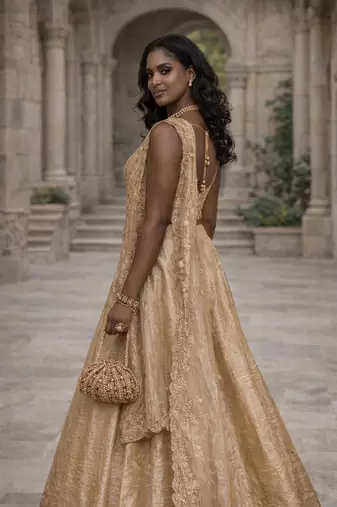 GOLDEN EMBROIDERED ORGANZA LEHENGA CHOLI WITH DUPATTA