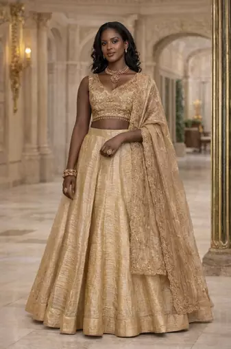 GOLDEN EMBROIDERED ORGANZA LEHENGA CHOLI WITH DUPATTA