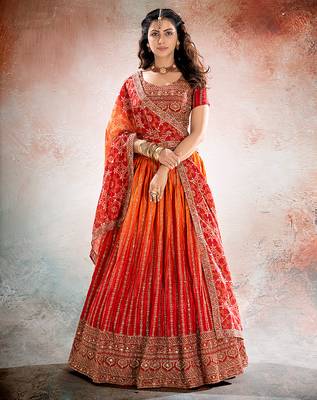 RED ORANGE DIGITAL PRINT ORGANZA LEHENGA CHOLI WITH DUPATTA 1