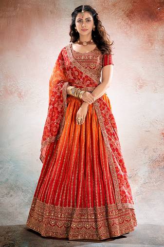 RED ORANGE DIGITAL PRINT ORGANZA LEHENGA CHOLI WITH DUPATTA