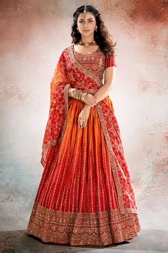 RED ORANGE DIGITAL PRINT ORGANZA LEHENGA CHOLI WITH DUPATTA