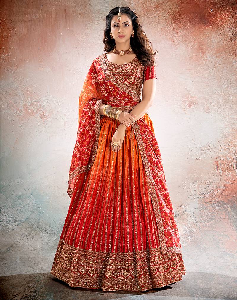 RED ORANGE DIGITAL PRINT ORGANZA LEHENGA CHOLI WITH DUPATTA