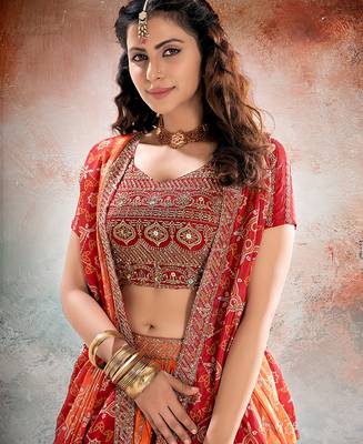 RED ORANGE DIGITAL PRINT ORGANZA LEHENGA CHOLI WITH DUPATTA 2