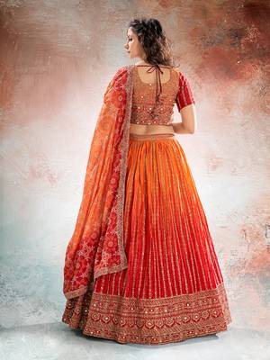 RED ORANGE DIGITAL PRINT ORGANZA LEHENGA CHOLI WITH DUPATTA 3