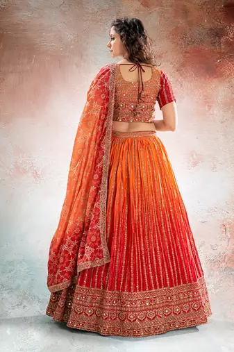 RED ORANGE DIGITAL PRINT ORGANZA LEHENGA CHOLI WITH DUPATTA