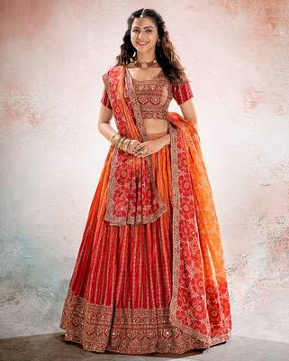 RED ORANGE DIGITAL PRINT ORGANZA LEHENGA CHOLI WITH DUPATTA 4