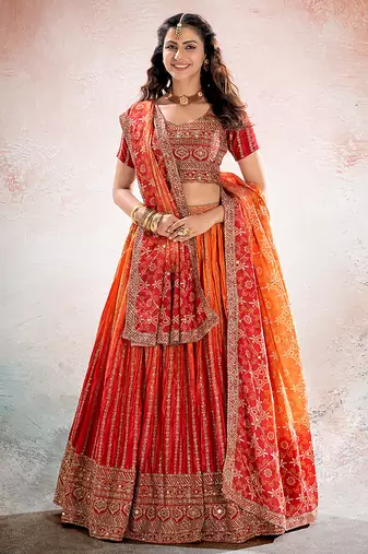 RED ORANGE DIGITAL PRINT ORGANZA LEHENGA CHOLI WITH DUPATTA