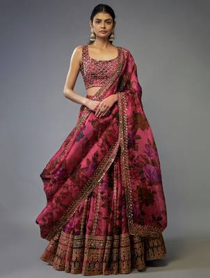 RANI PINK FLORAL PRINTED ORGANZA LEHENGA CHOLI WITH DUPATTA 1