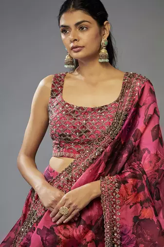 RANI PINK FLORAL PRINTED ORGANZA LEHENGA CHOLI WITH DUPATTA
