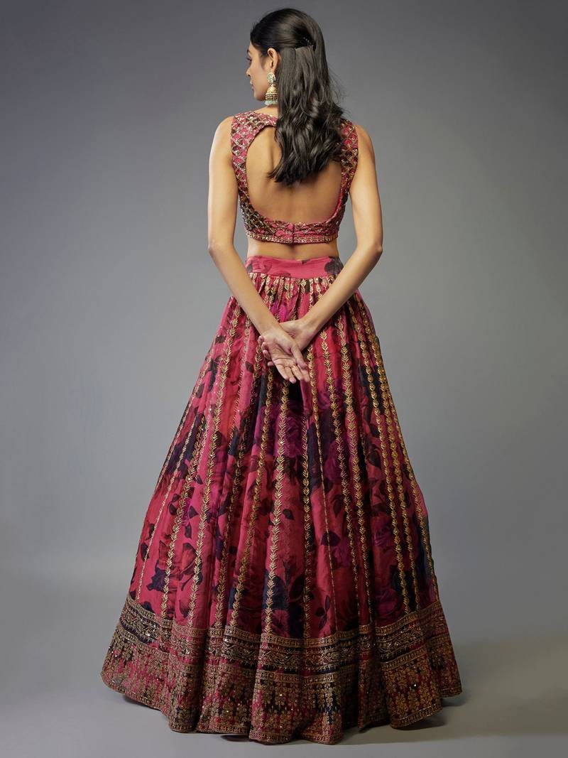 RANI PINK FLORAL PRINTED ORGANZA LEHENGA CHOLI WITH DUPATTA