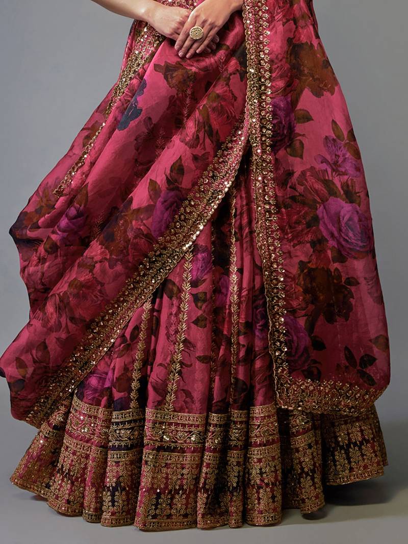 RANI PINK FLORAL PRINTED ORGANZA LEHENGA CHOLI WITH DUPATTA