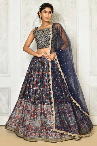 BLUE DIGITAL PRINT AND EMBROIDERY Chiffon LEHENGA CHOLI WITH DUPATTA