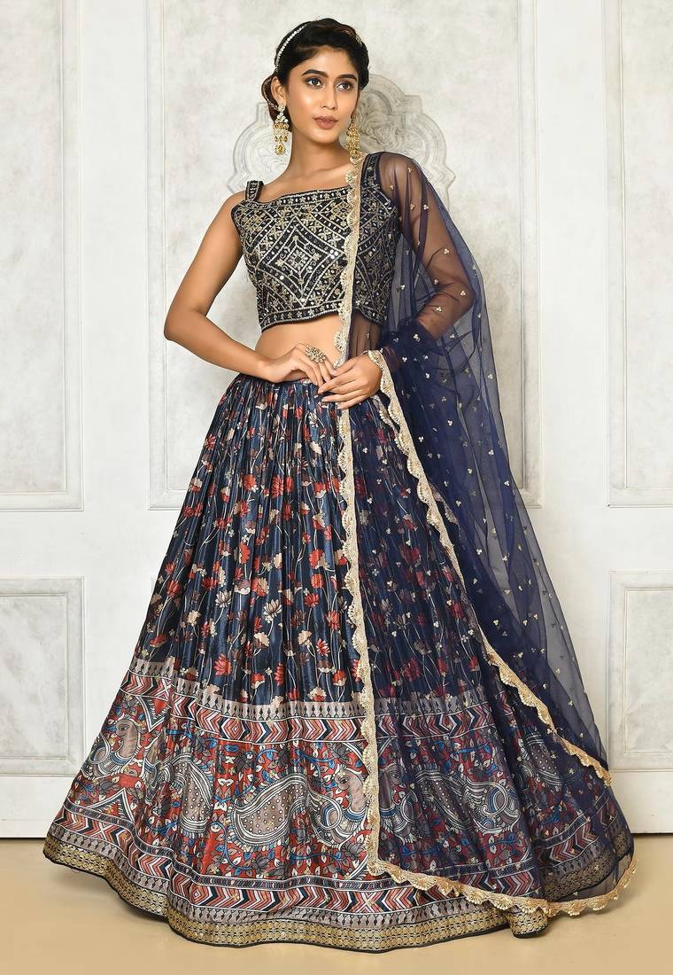 BLUE DIGITAL PRINT AND EMBROIDERY Chiffon LEHENGA CHOLI WITH DUPATTA