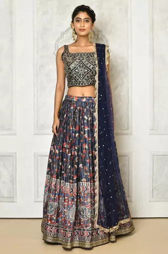 BLUE DIGITAL PRINT AND EMBROIDERY Chiffon LEHENGA CHOLI WITH DUPATTA