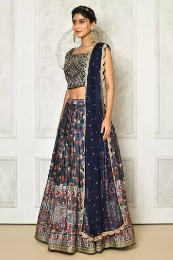 BLUE DIGITAL PRINT AND EMBROIDERY Chiffon LEHENGA CHOLI WITH DUPATTA