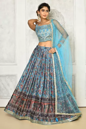 SKY BLUE DIGITAL PRINT AND EMBROIDERY CHINNON SILK LEHENGA CHOLI WITH DUPATTA