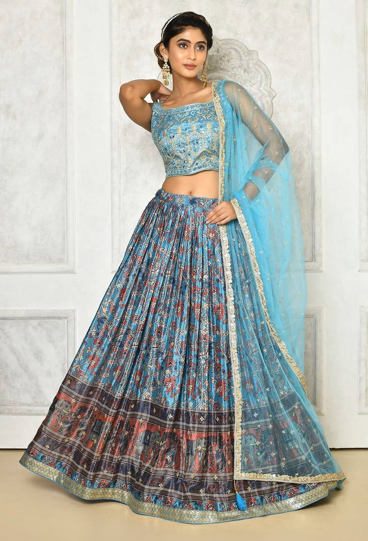 SKY BLUE DIGITAL PRINT AND EMBROIDERY CHINNON SILK LEHENGA CHOLI WITH DUPATTA
