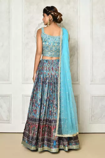SKY BLUE DIGITAL PRINT AND EMBROIDERY CHINNON SILK LEHENGA CHOLI WITH DUPATTA