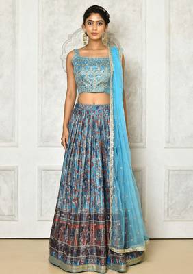 SKY BLUE DIGITAL PRINT AND EMBROIDERY CHINNON SILK LEHENGA CHOLI WITH DUPATTA 4