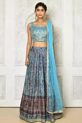 SKY BLUE DIGITAL PRINT AND EMBROIDERY CHINNON SILK LEHENGA CHOLI WITH DUPATTA