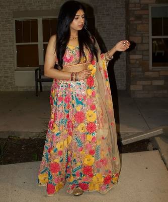 MULTICOLOR THREAD AND SEQUINS EMBROIDERED GEORGETTE LEHENGA CHOLI DUPATTA 1