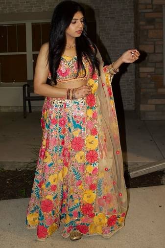 MULTICOLOR THREAD AND SEQUINS EMBROIDERED GEORGETTE LEHENGA CHOLI DUPATTA