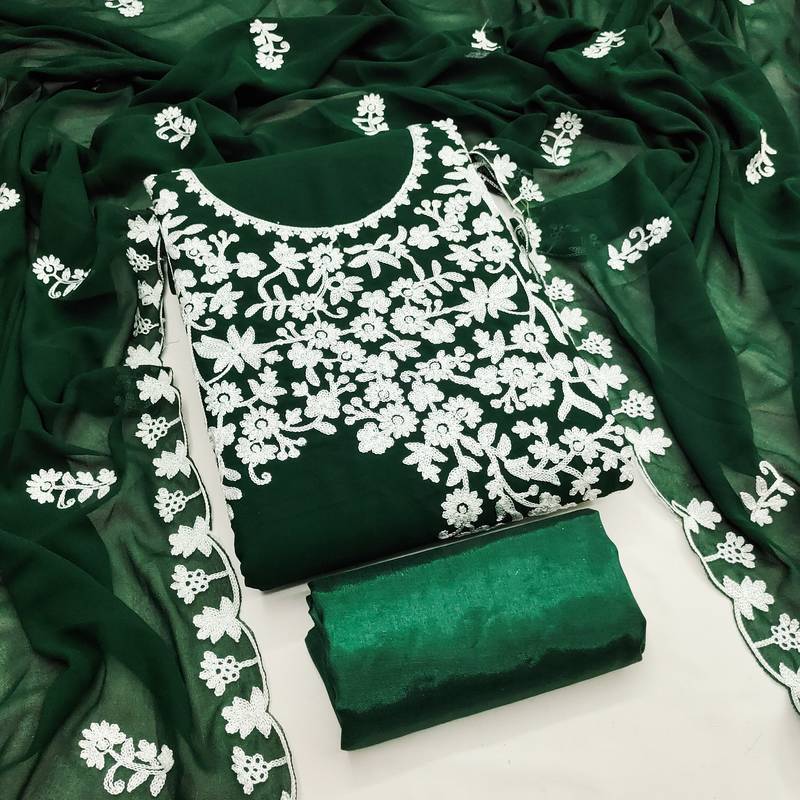 Women's green embroidery georgette dress material