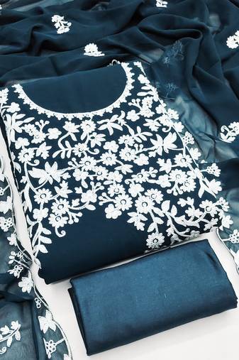 Women's teal blue embroidery georgette dress material