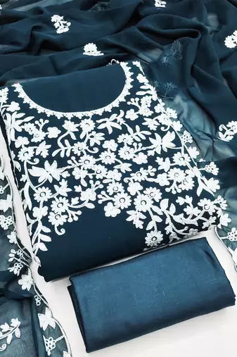 Women's teal blue embroidery georgette dress material