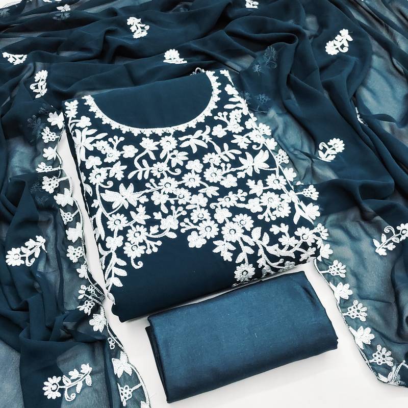 Women's teal blue embroidery georgette dress material