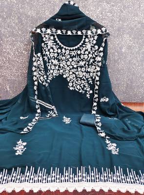  teal blue embroidery georgette dress material 2