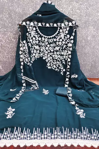  teal blue embroidery georgette dress material