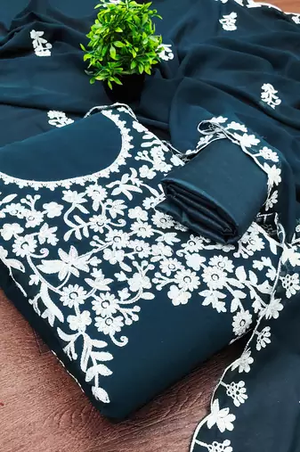  teal blue embroidery georgette dress material