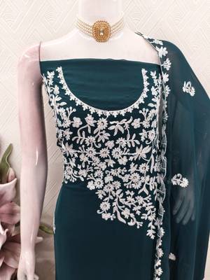  teal blue embroidery georgette dress material 4