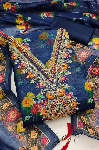 Women's blue embroidery modal dress material