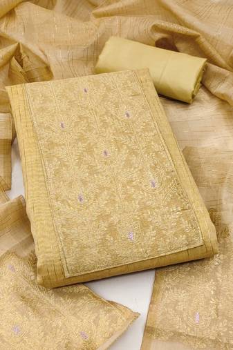 Women's beige neck woven silk jacquard dress material