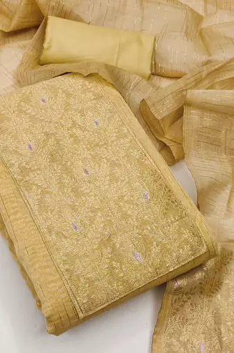  beige neck woven silk jacquard dress material