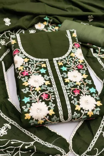 Women's green embroidery vichitra silk dress material