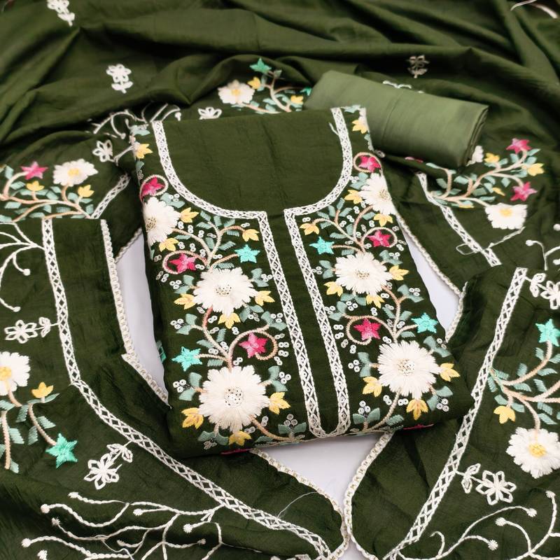 Women's green embroidery vichitra silk dress material