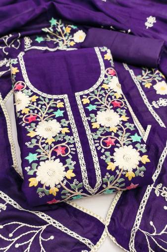 Women's purple embroidery vichitra silk dress material