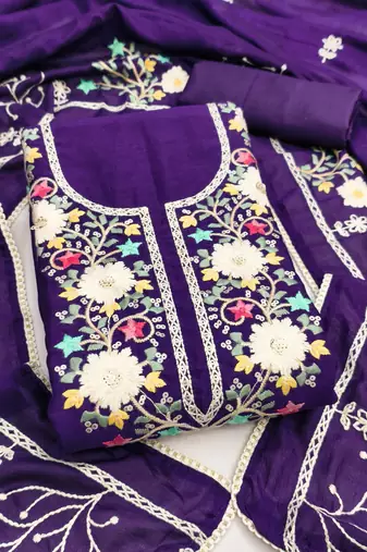 Women's purple embroidery vichitra silk dress material
