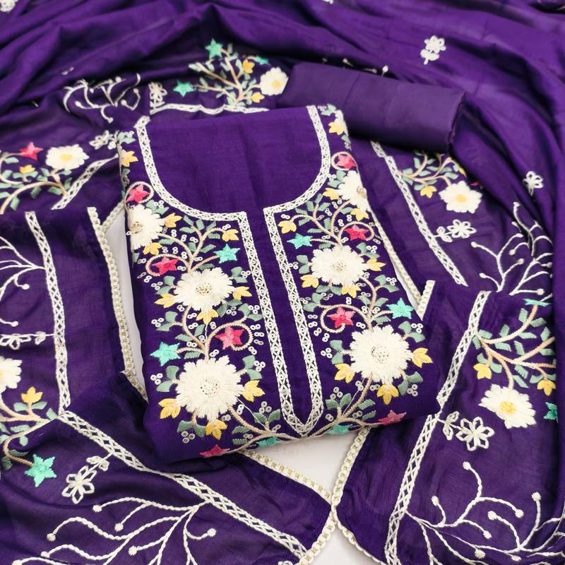 Women's purple embroidery vichitra silk dress material
