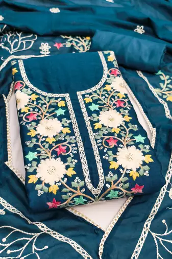 Women's teal embroidery vichitra silk dress material