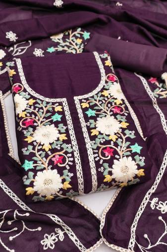 Women's voilet embroidery vichitra silk dress material