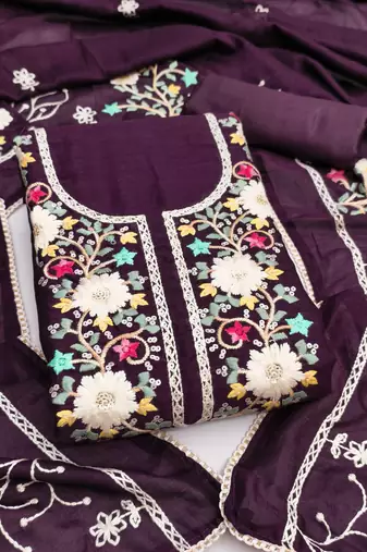 Women's voilet embroidery vichitra silk dress material