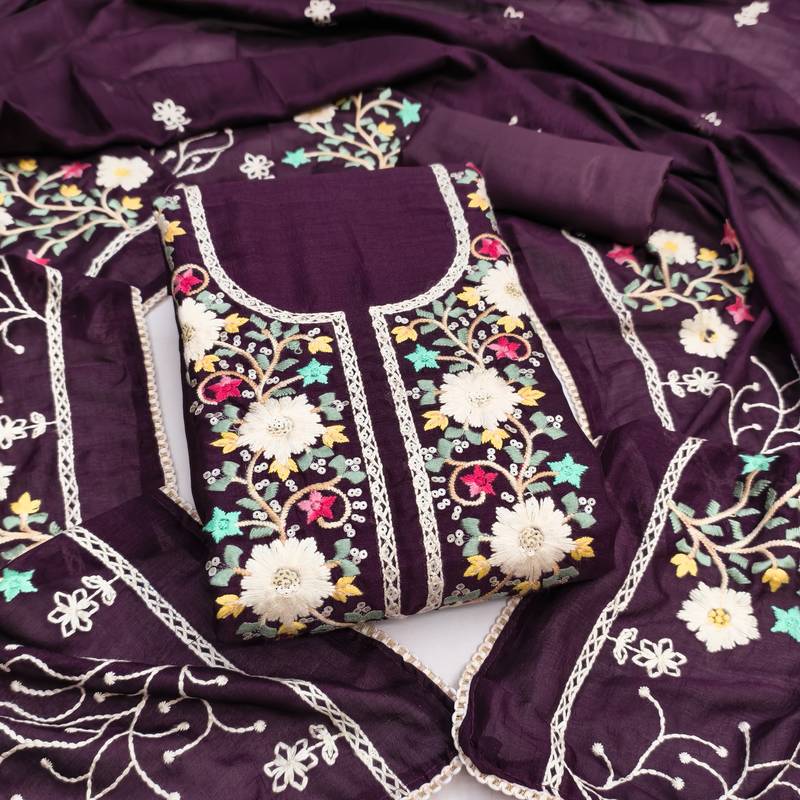 Women's voilet embroidery vichitra silk dress material