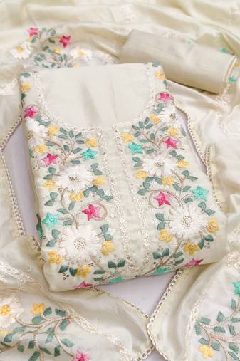 Women's white embroidery vichitra silk dress material